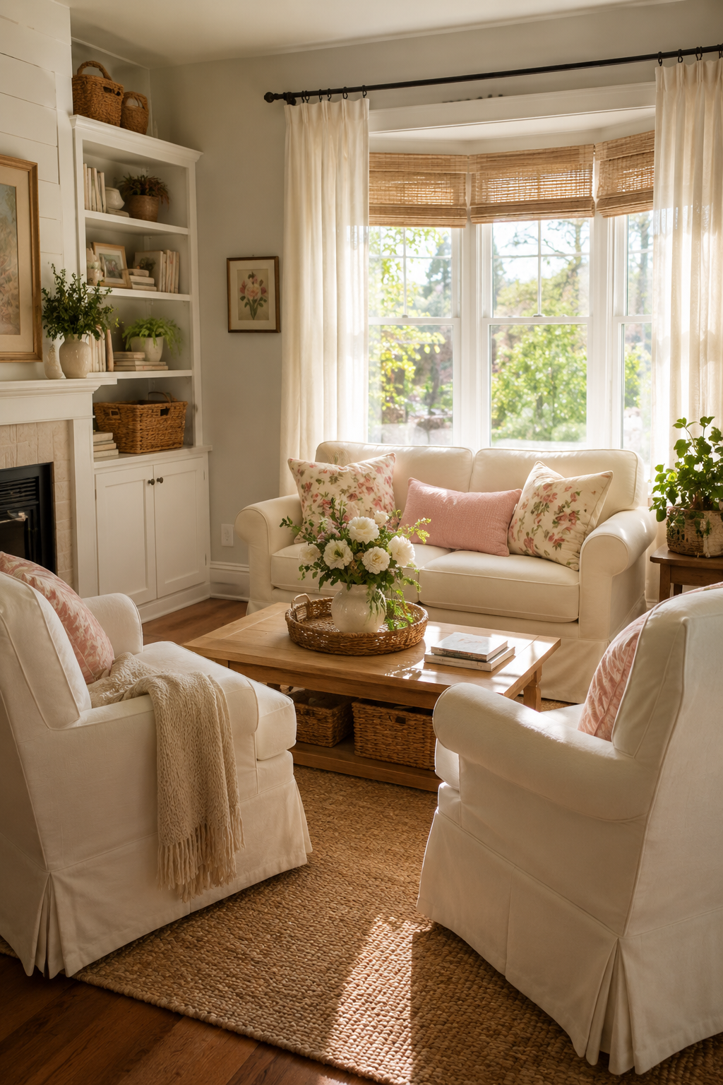 Cottage living room with slipcovered armchairs, a loveseat, floral pillows, and a wooden coffee table.