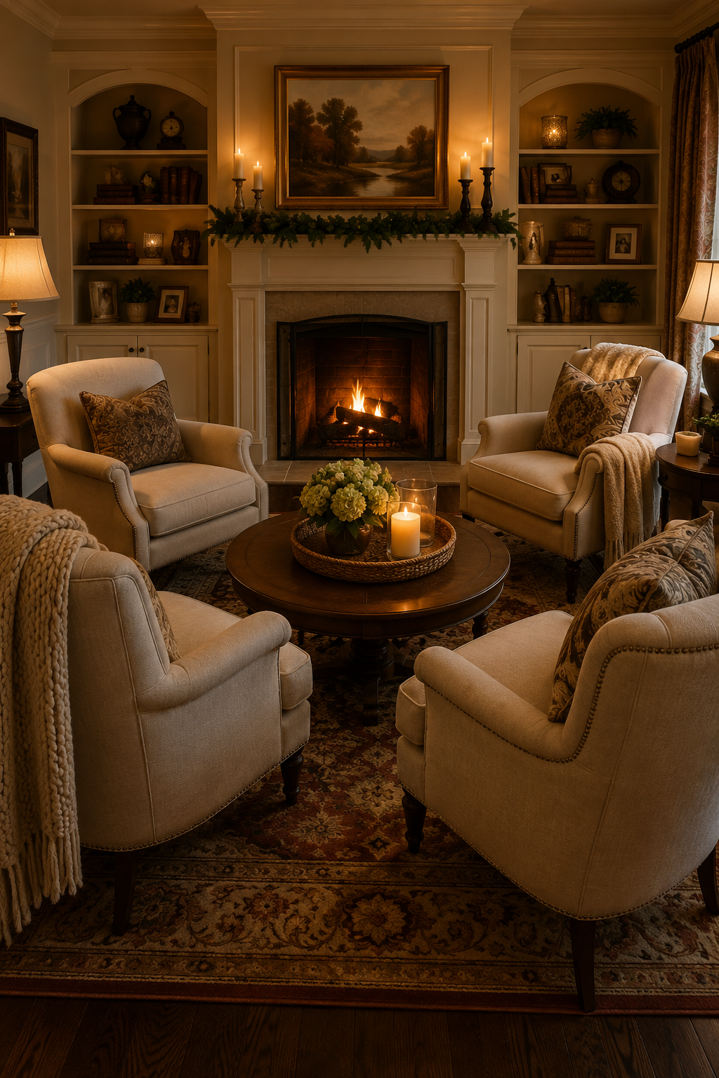Four upholstered armchairs arranged around a round coffee table in front of a fireplace.
