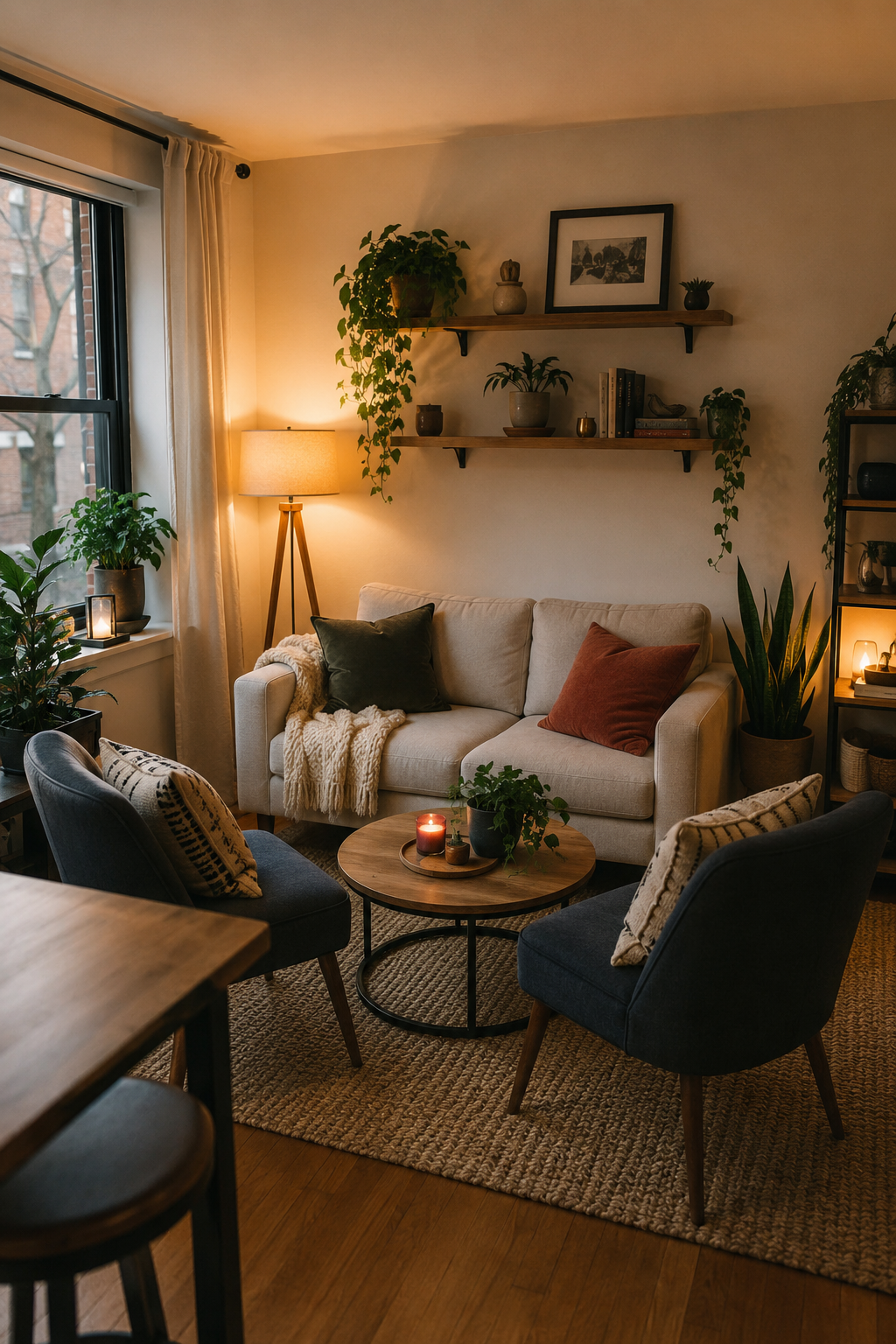 Small apartment living room with a loveseat, two accent chairs, plants, shelves, and a round coffee table.