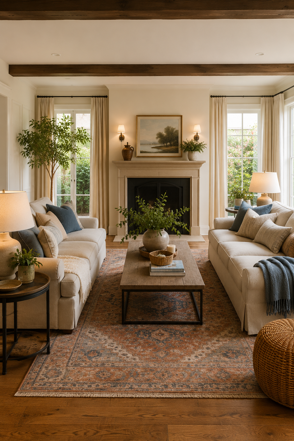 Two cream sofas facing each other across a wooden coffee table in a cozy living room conversation layout.