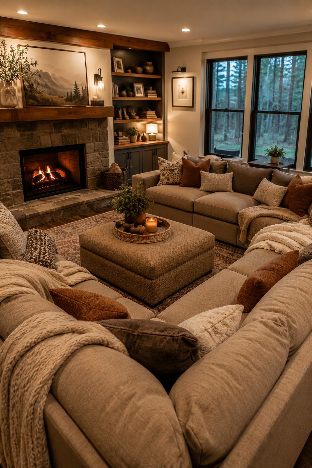 U-shaped sectional with a central ottoman in a warm family living room with a fireplace.