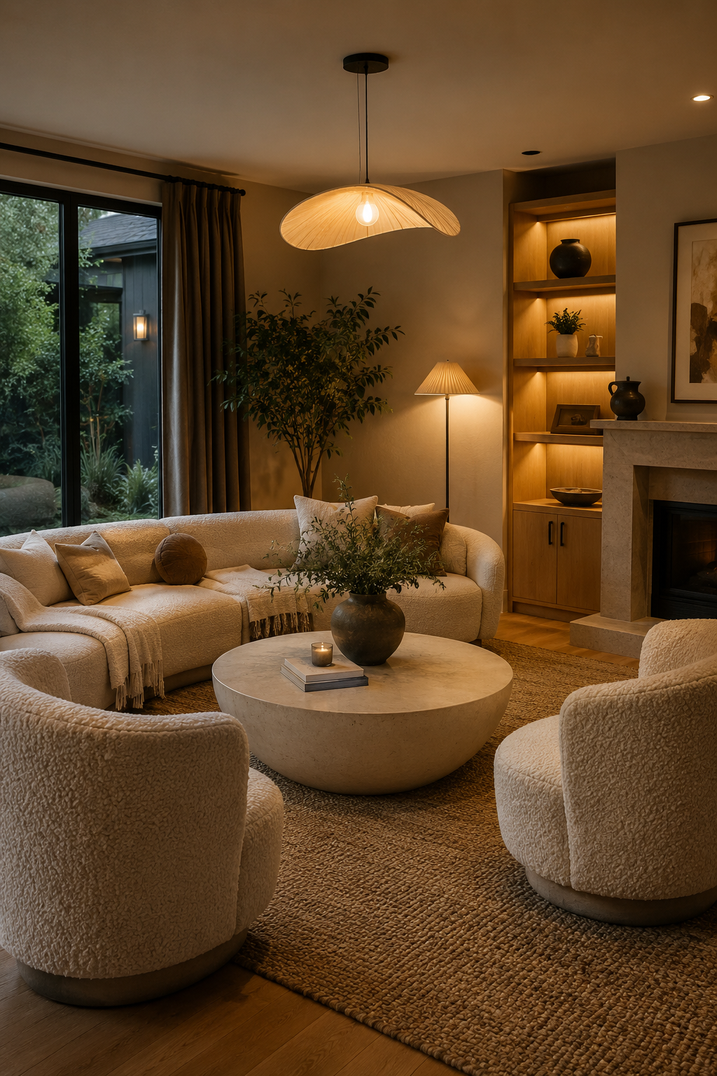 Modern organic living room with a curved sofa, boucle chairs, round coffee table, and warm lighting.