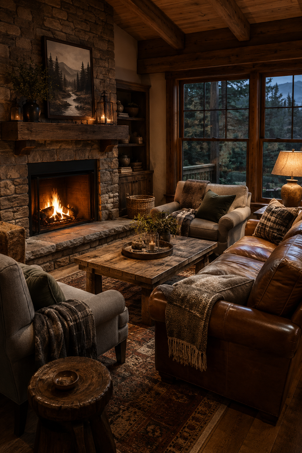 Rustic living room with a caramel leather sofa, fabric armchairs, stone fireplace, and wood coffee table.