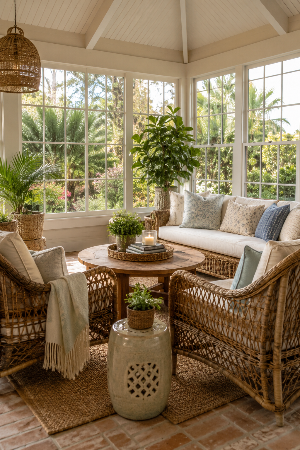 Sunroom style living room with wicker seating, round coffee table, large windows, and greenery.