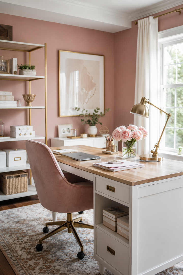 How to Make Dusty Rose & Champagne Gold Home Offices Feel Personal, Polished, and Easy to Live Wi… — inspiration 1 of 15