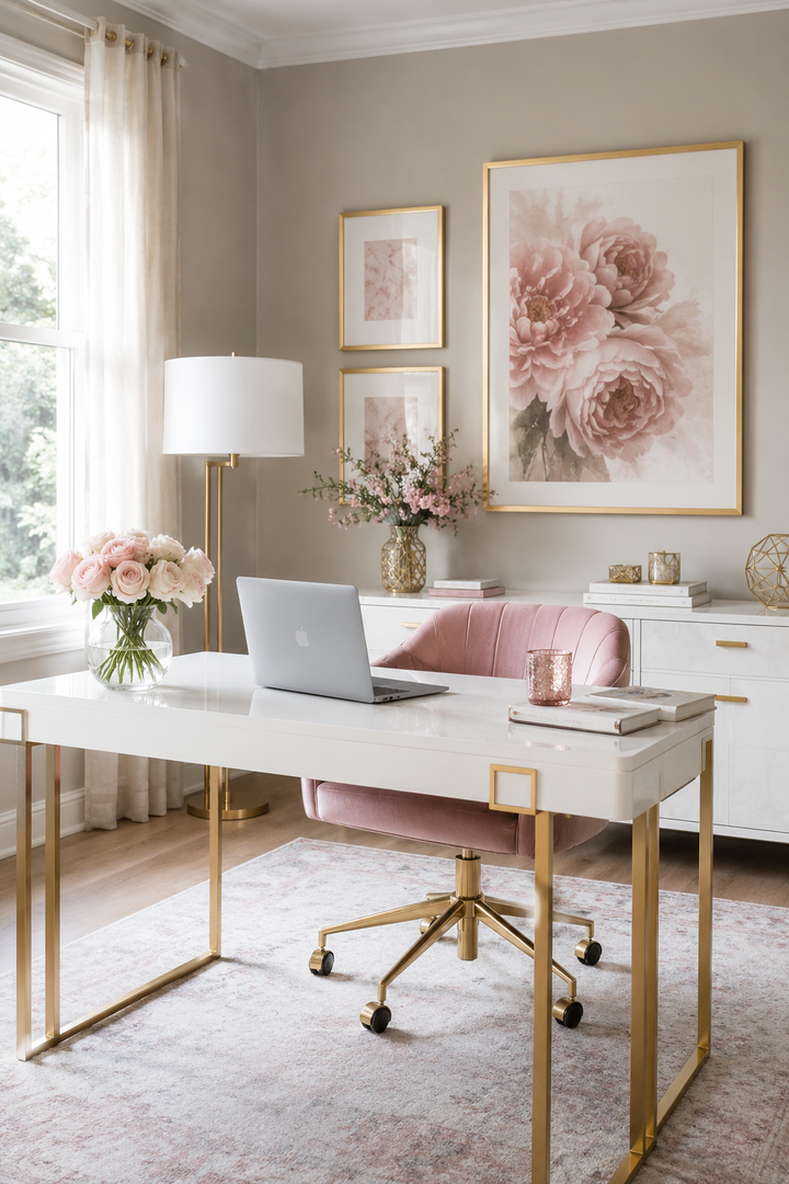 How to Make Dusty Rose & Champagne Gold Home Offices Feel Personal, Polished, and Easy to Live Wi… — inspiration 2 of 15