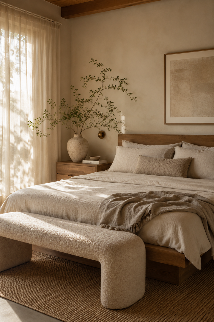 Warm Neutral Bedroom Ideas with Soft Linen and Calm Lighting β inspiration 9 of 19