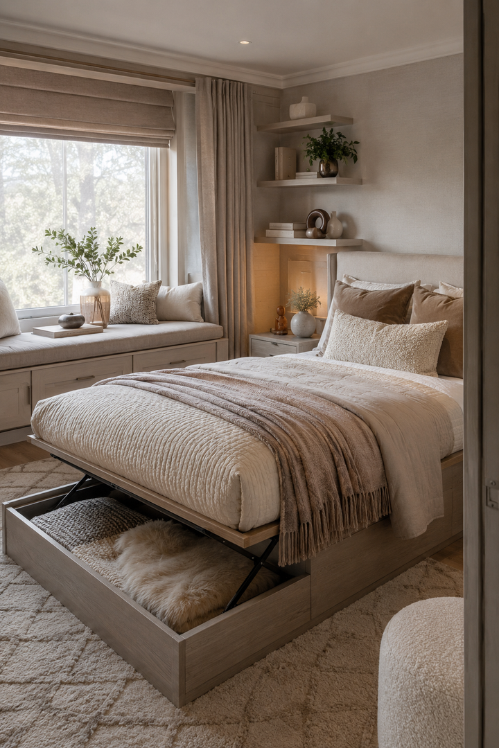 8. Keep the Look Simple with Floating Shelves and a Streamlined Storage Bed