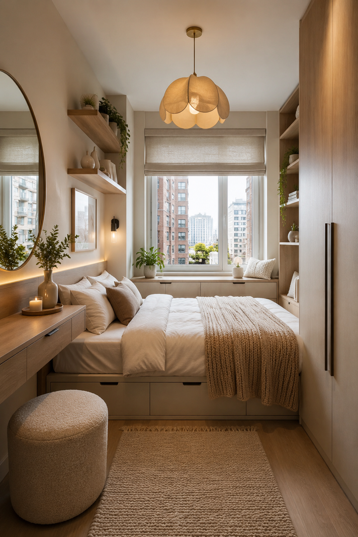 15. Build a Bed Between a Desk, Wardrobe, and Window Storage