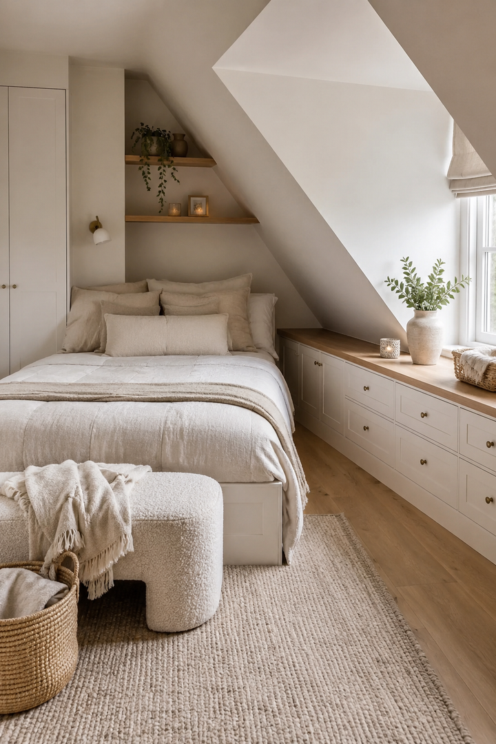 10. Use Sloped Ceilings for Built-In Drawers and a Cozy Attic Bed