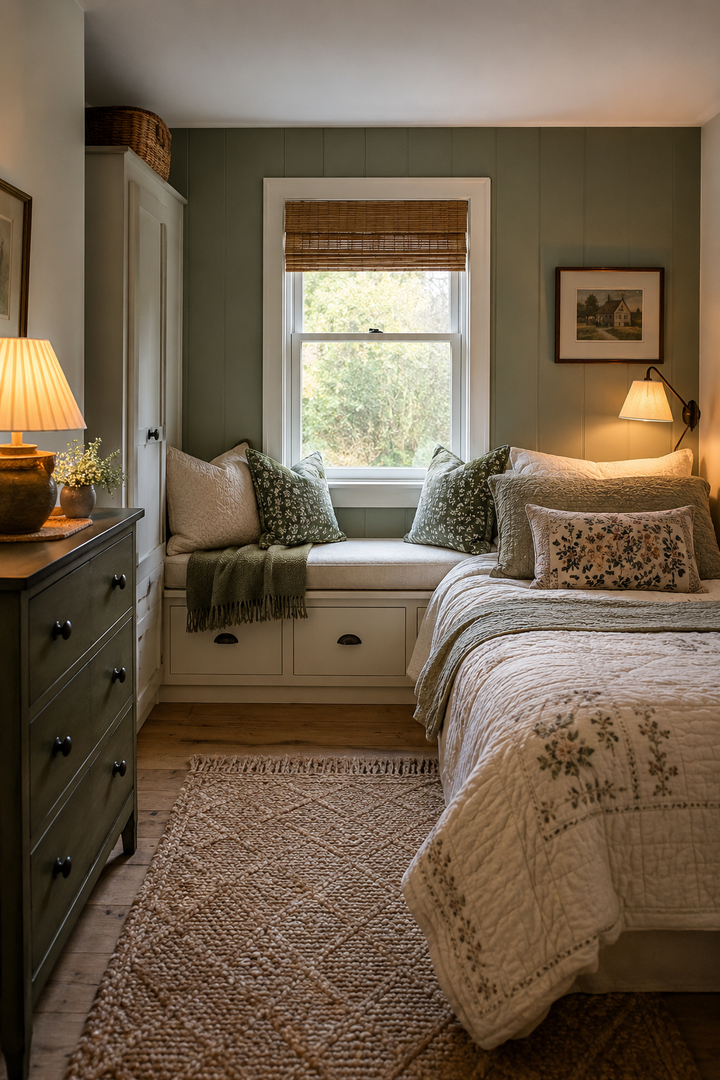 12. Add a Window Bench with Drawers for a Cottage-Inspired Small Bedroom