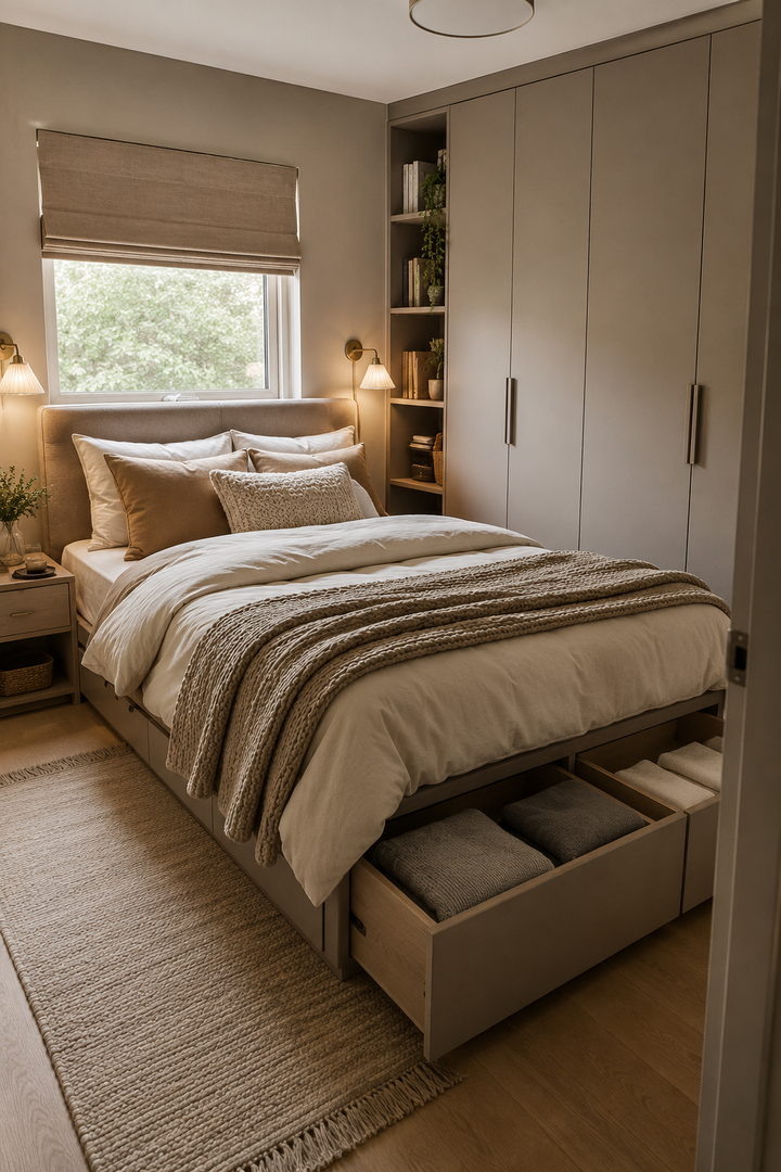 13. Frame the Bed with Built-In Towers and Under-Bed Drawers