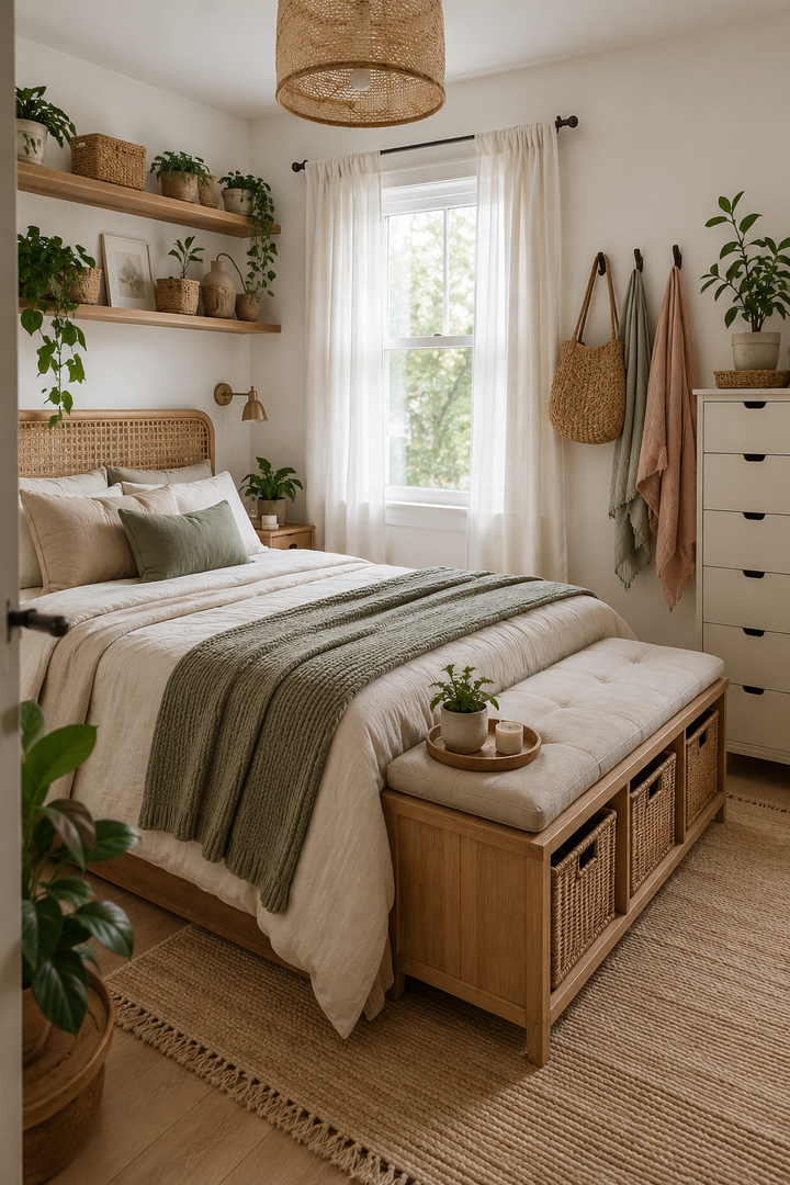 14. Use Woven Baskets and Wall Hooks for Relaxed Boho Storage