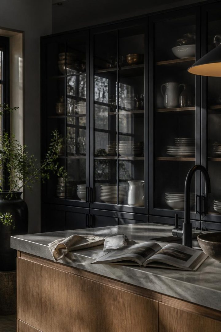 7. Choose Black-Framed Glass Cabinets for Contrast