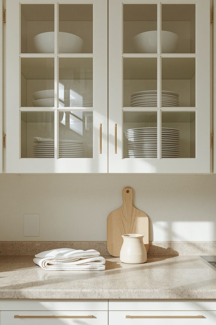 14. Display White Dishes Behind Glass Kitchen Cabinets
