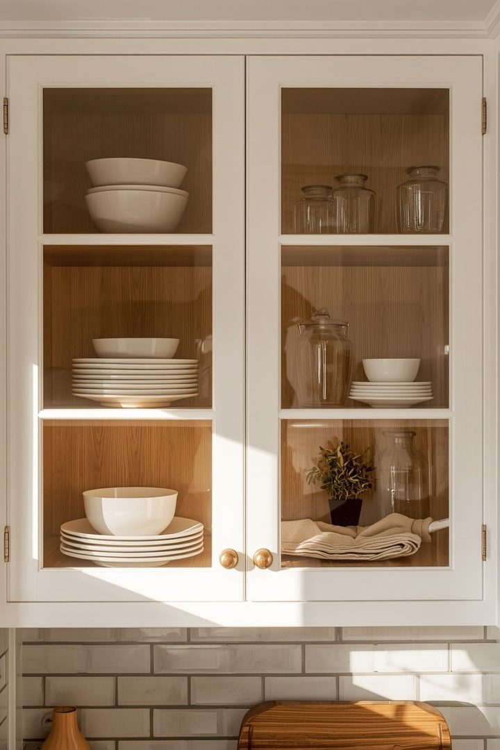 13. Glass Kitchen Cabinets Ideas with Wood Shelving Inside