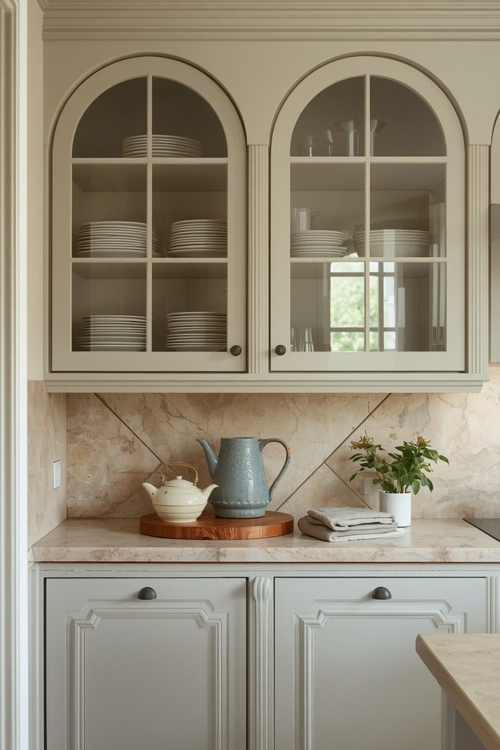 18. Choose Arched Glass Cabinet Doors for a Softer Look