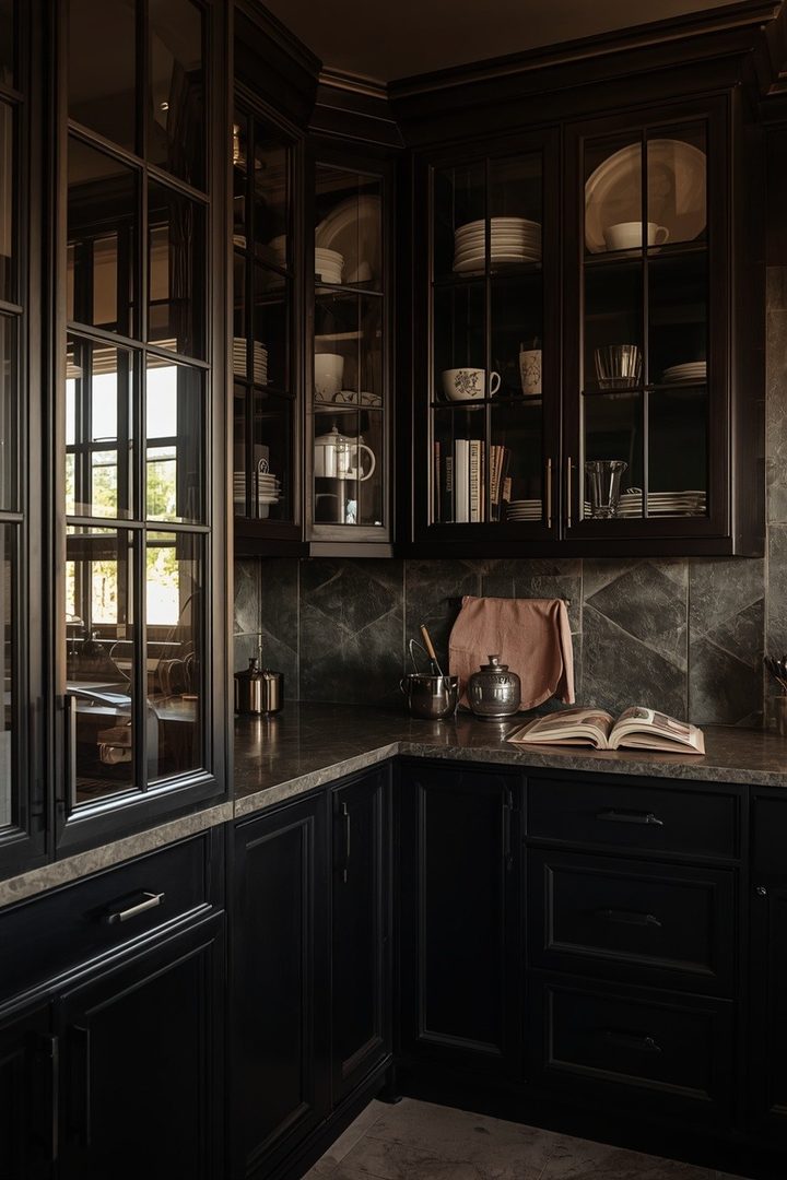 20. Use Glass Cabinets to Break Up Dark Cabinetry