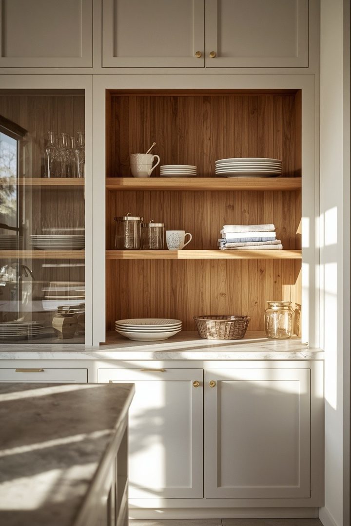 19. Glass Kitchen Cabinets Ideas for Open Shelf Lovers