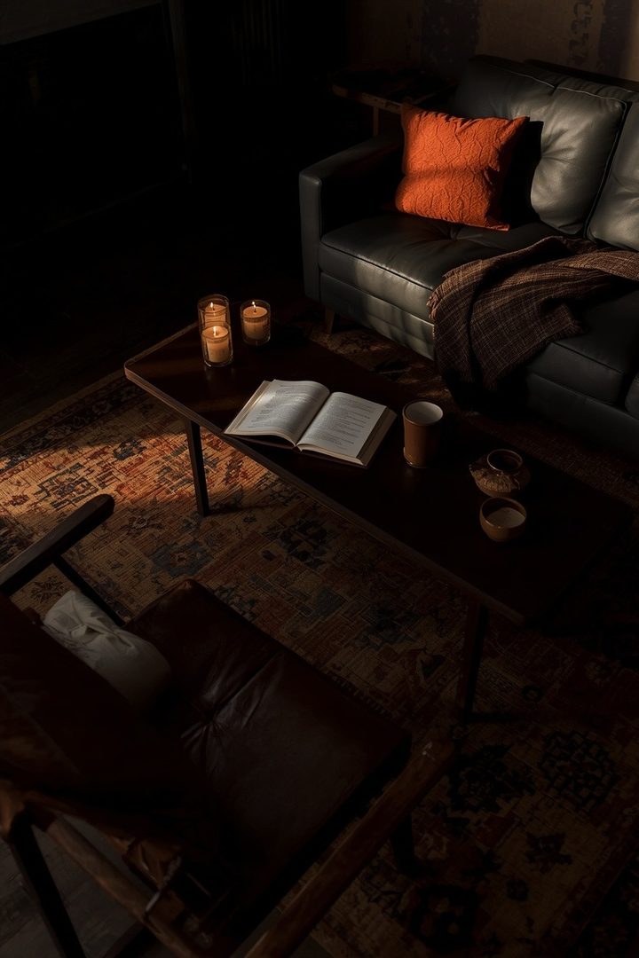 9. Use a Dark Brown Rug for a Moody Cozy Look