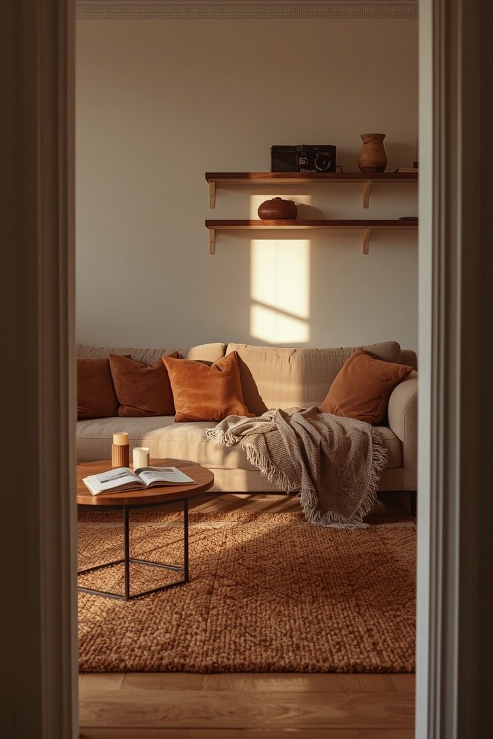 21. Finish the Room with Brown Rug Details Repeated Around the Space