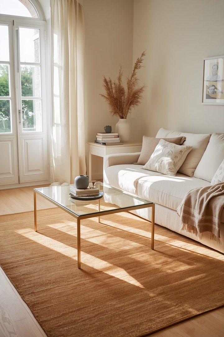 18. Use a Brown Rug in a Light and Airy Living Room