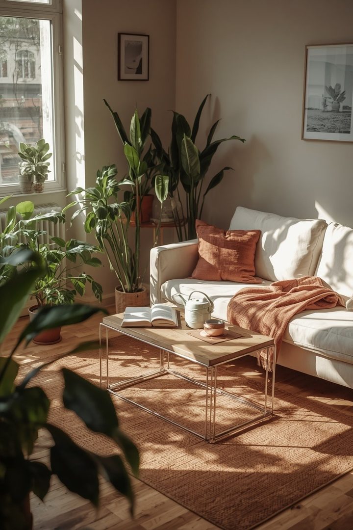 17. Style a Brown Rug with Plants for an Earthy Feel