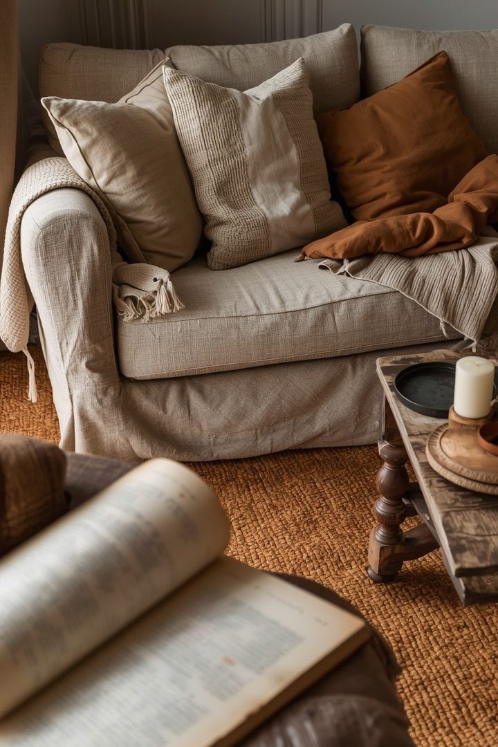 11. Create a Layered Look with Brown Rug and Throw Blankets