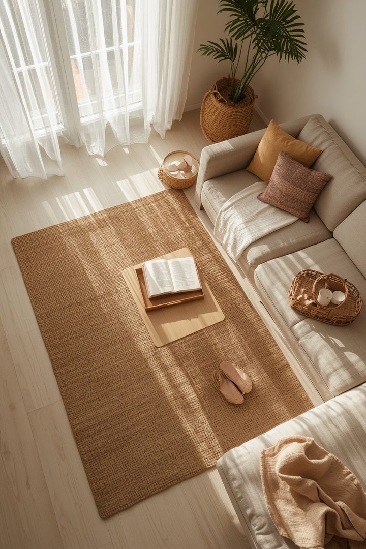 3. Layer a Brown Rug Over a Neutral Floor