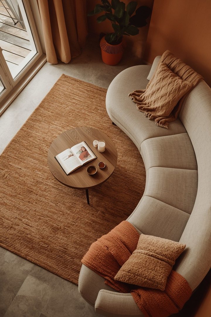 10. Try a Brown Rug with a Round Coffee Table