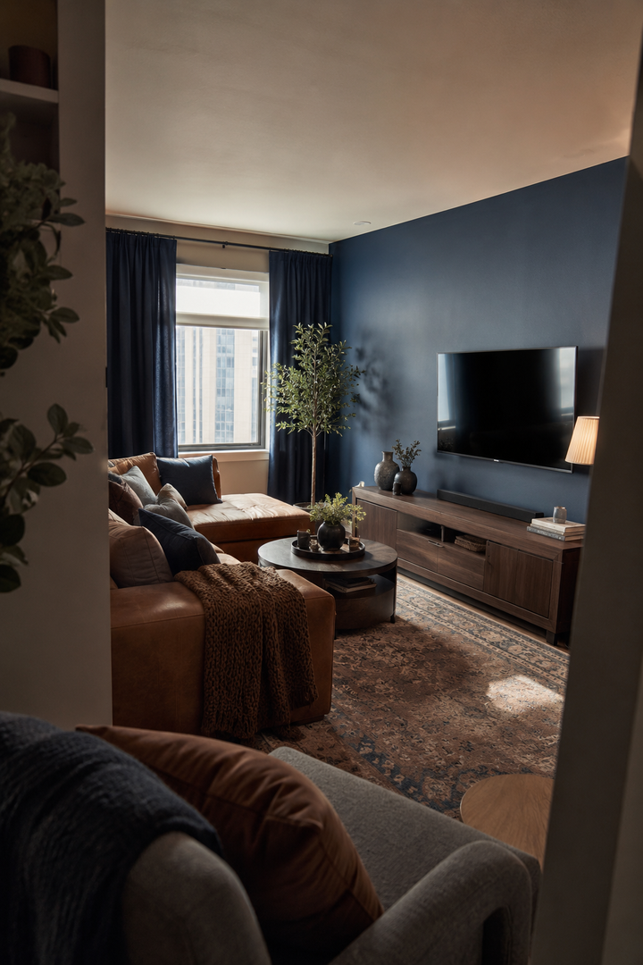 2. Use Navy Walls with Warm Brown Leather for a Moody Look