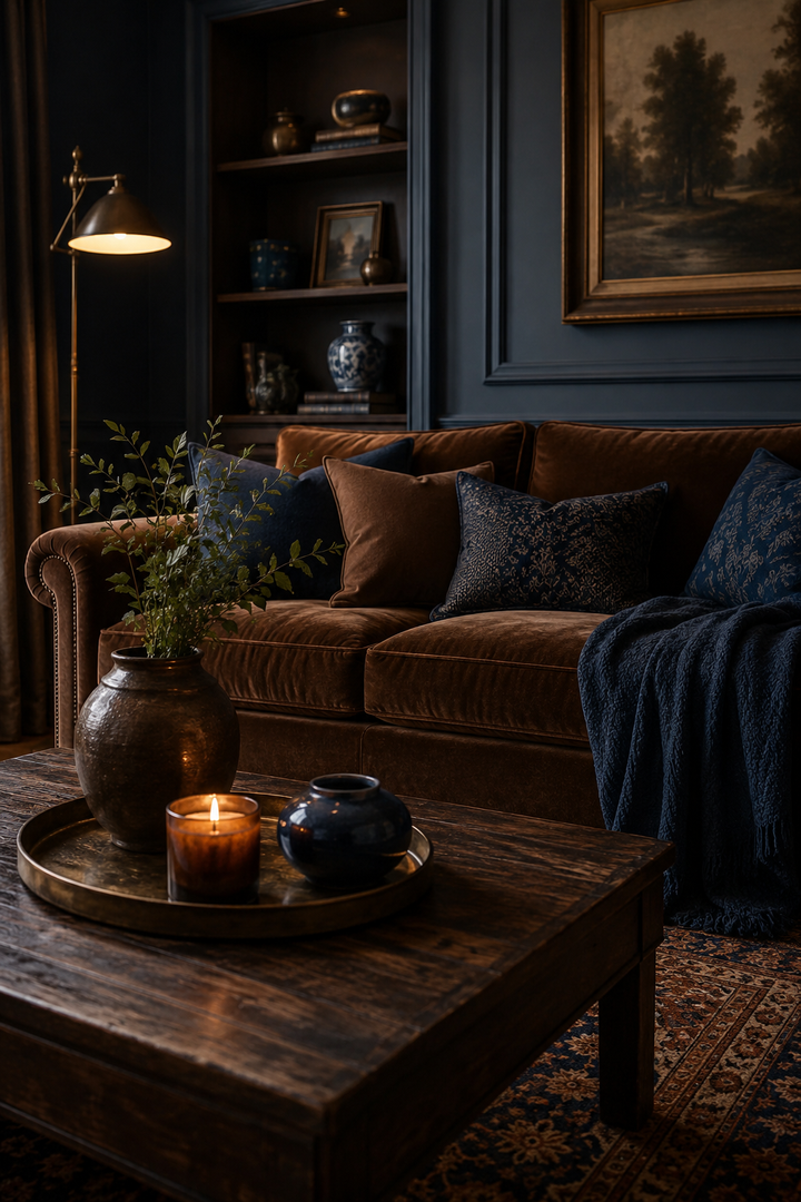 1. Pair a Brown Sofa with Deep Blue Accent Chairs