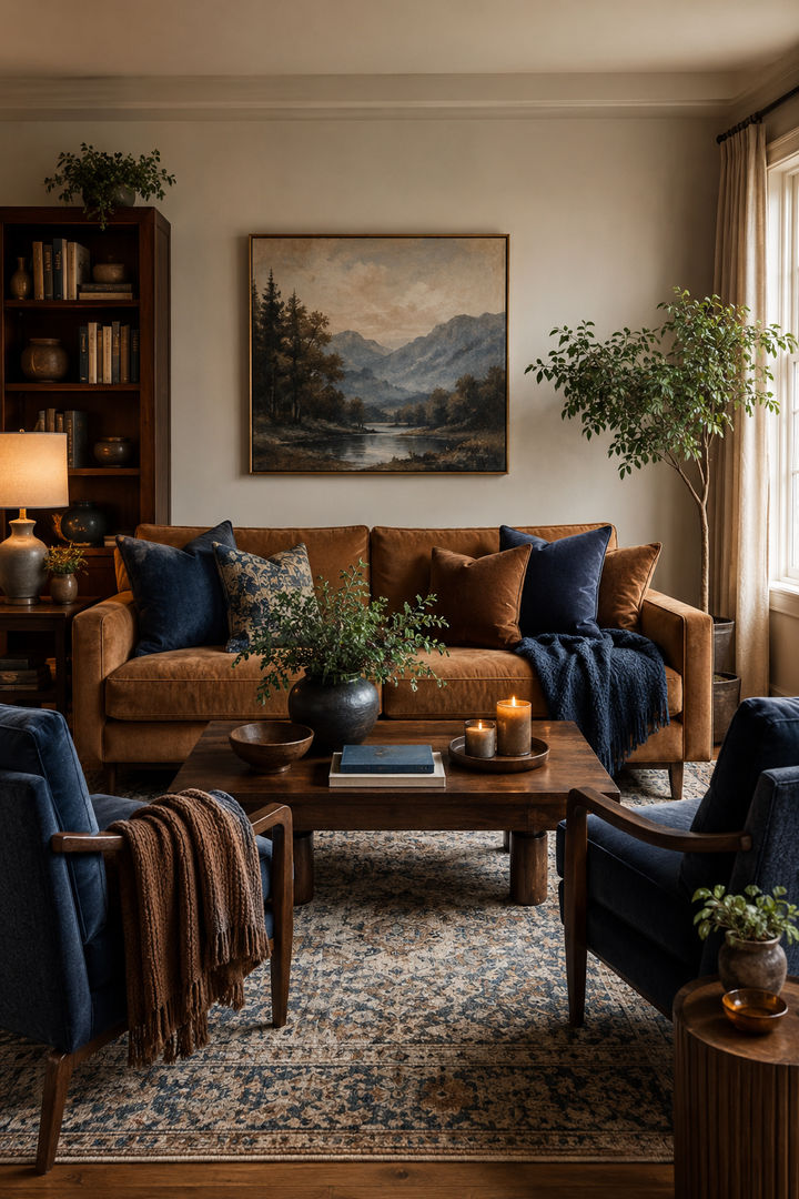 6. Mix Brown Leather and Blue Decor in a Warm Eclectic Space