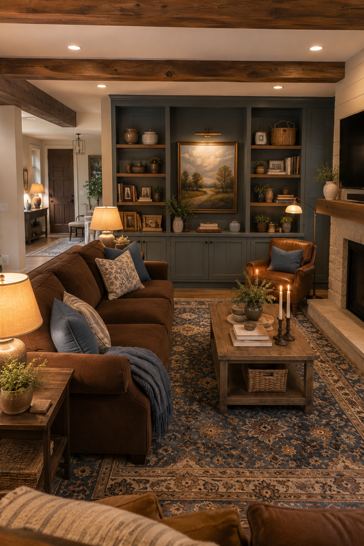 7. Use Blue Built-Ins Behind a Brown Sofa for Designer Contrast