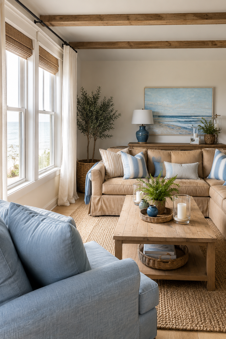 3. Balance a Brown Sectional with Blue Art and Soft Blue Textiles