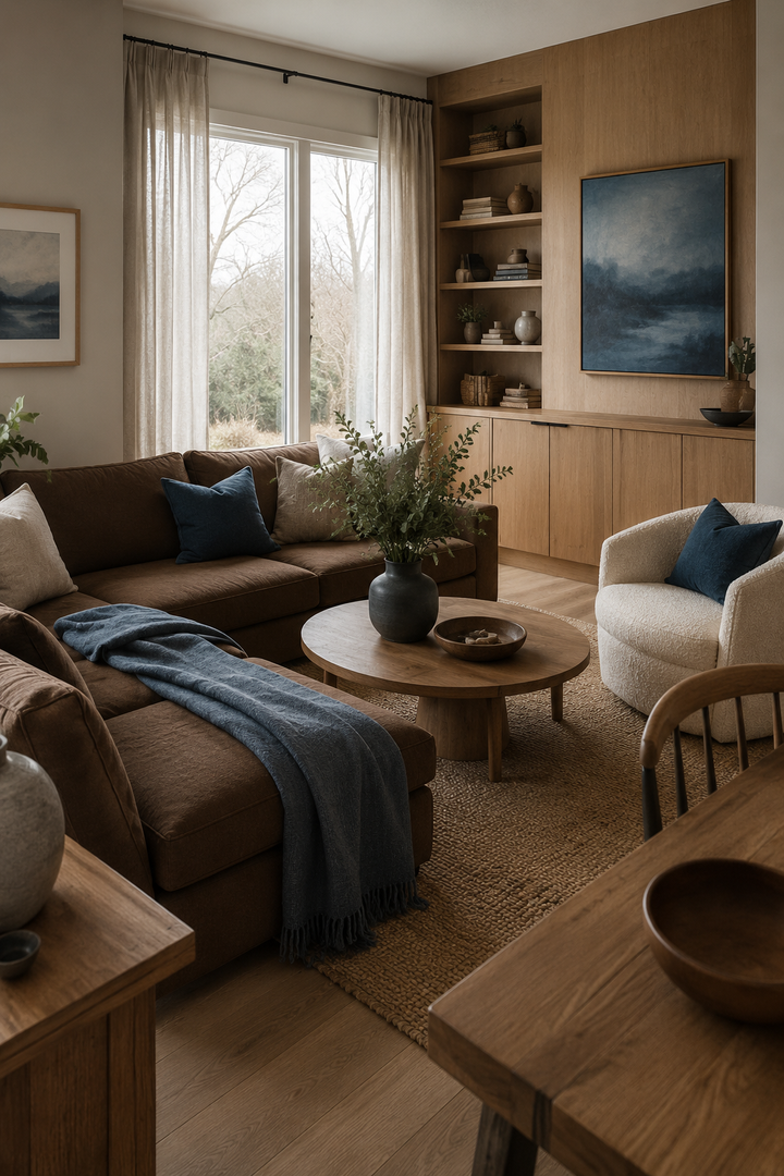 5. Try Soft Blue Upholstery with Sandy Brown Texture for a Lighter Feel