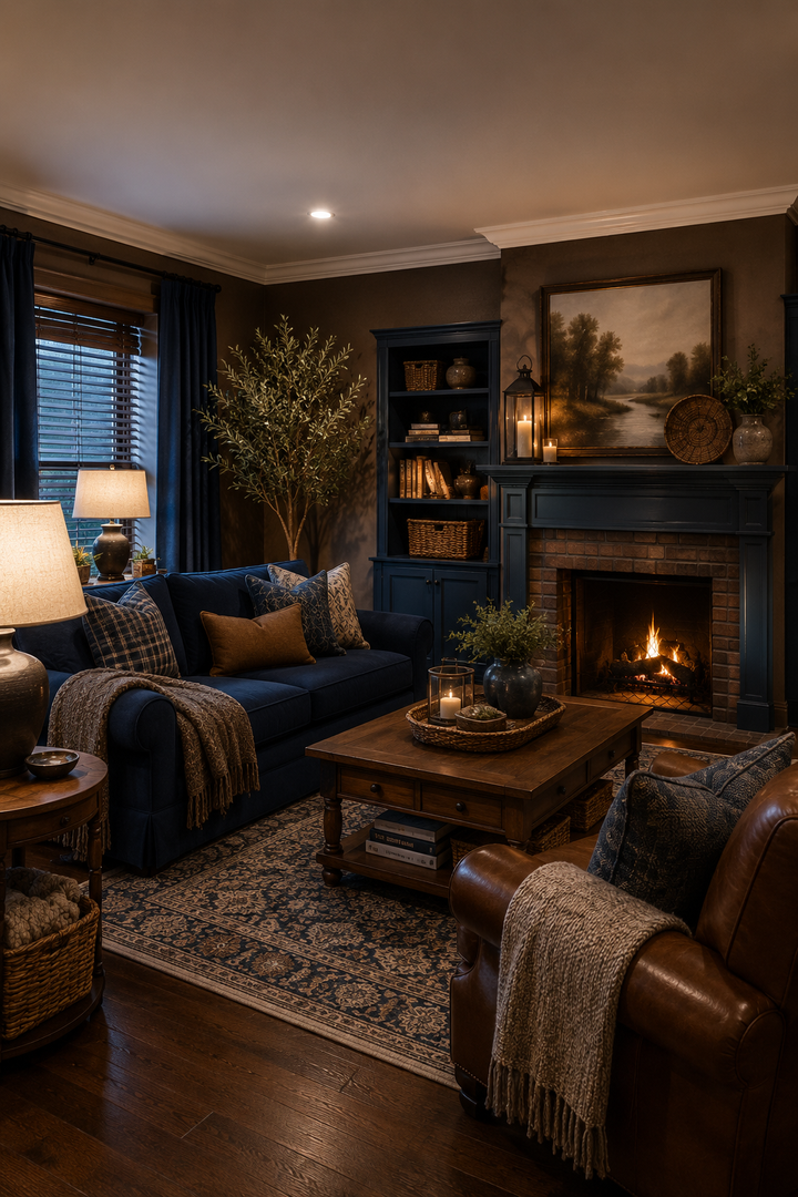 8. Combine Blue Drapes and Brown Seating in a Compact Apartment