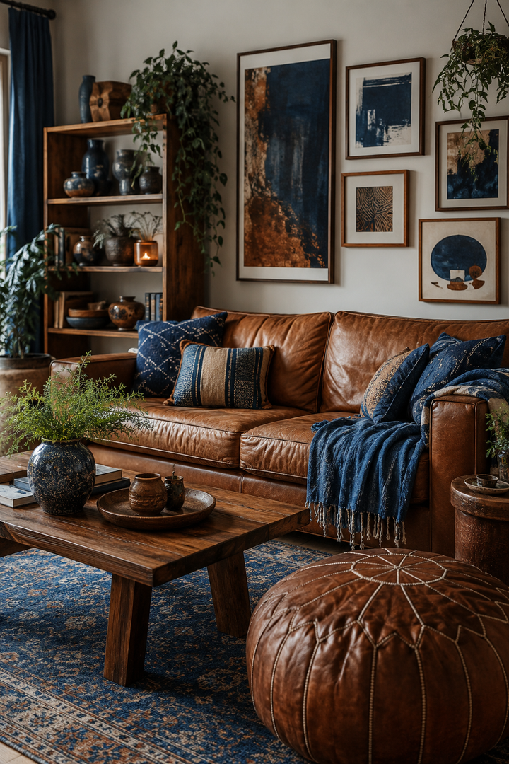 4. Add Blue Wall Art to a Brown Leather Living Room