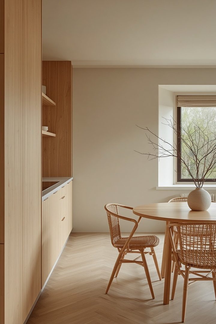 2. Use Light Oak Cabinets for a Calm Minimalist Kitchen