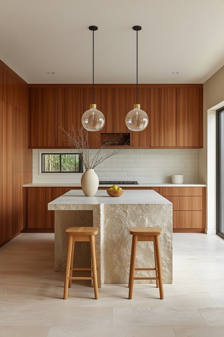 1. Pair Natural Wood Cabinets with a Soft Stone Island