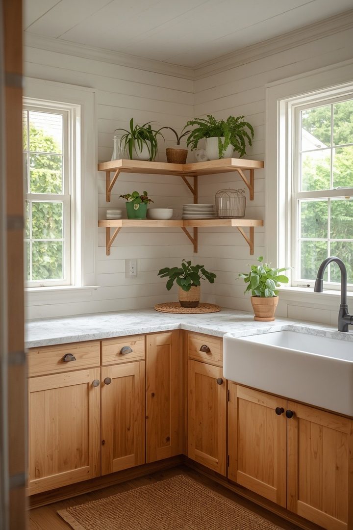 4. Add Open Wood Shelves for a Fresh Farmhouse Corner