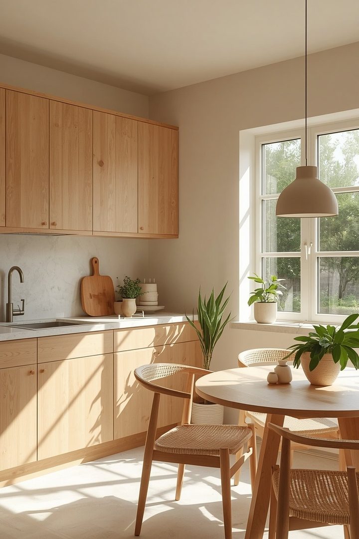 7. Use Sunlit Wood Cabinets for a Soft Organic Dining Corner