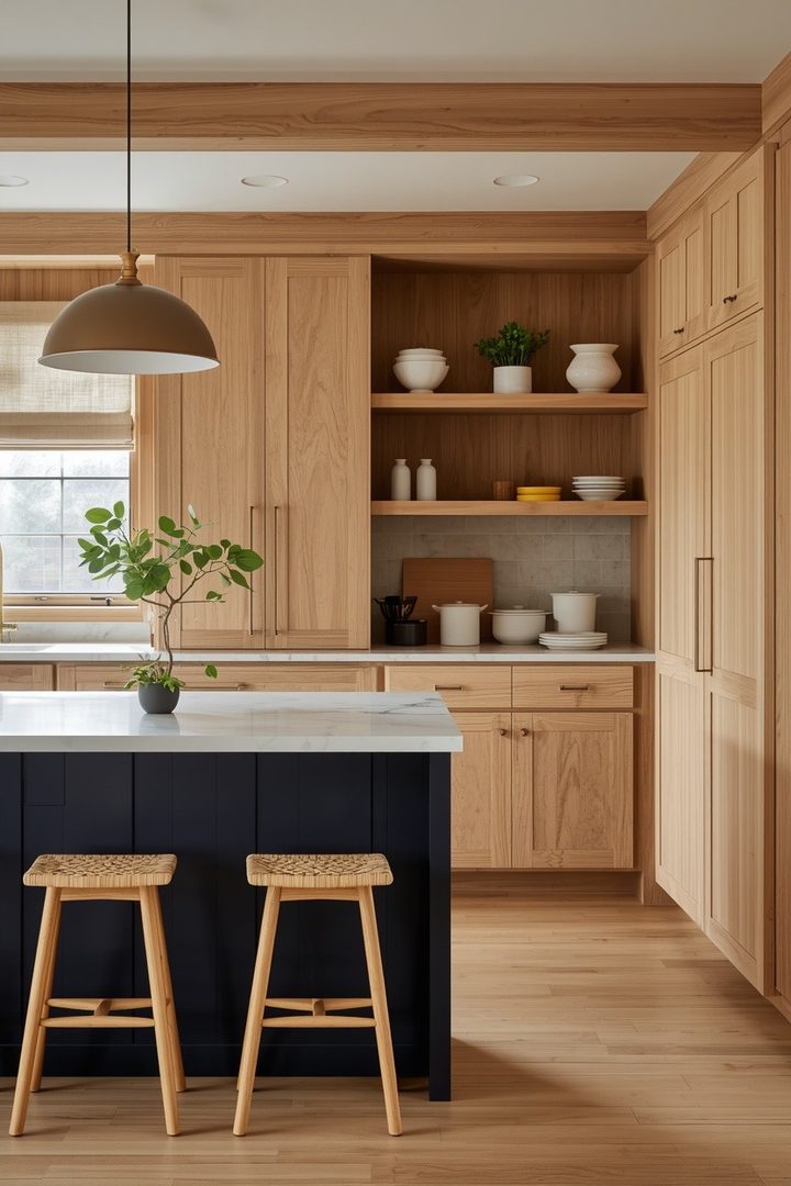 10. Add a Dark Island to Ground Light Natural Wood Cabinets