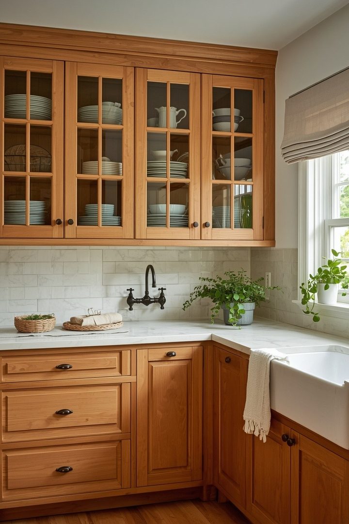 11. Use Glass-Front Upper Cabinets to Show Natural Texture