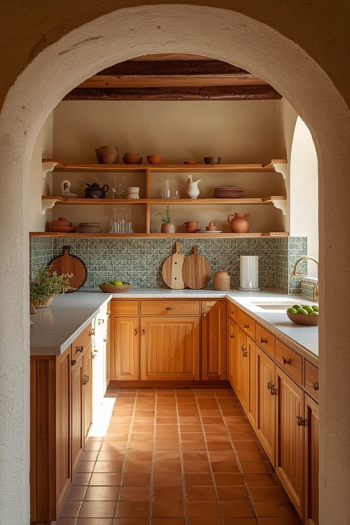 15. Use Natural Wood Cabinets with Earthy Tile for a Nature-Led Finish