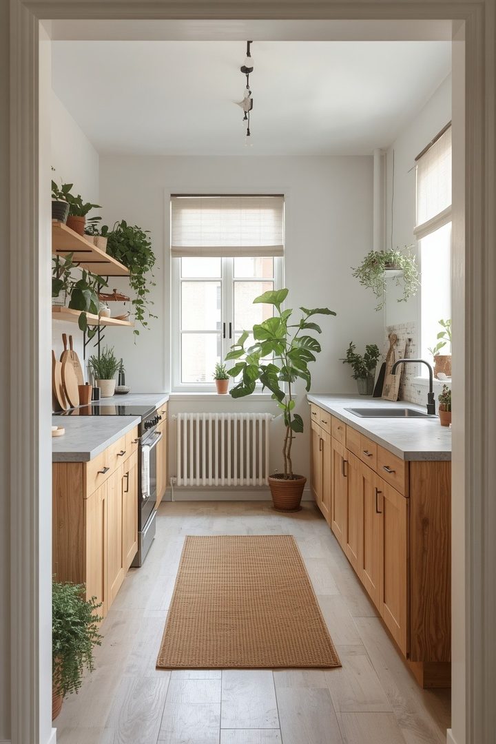 14. Combine Natural Wood Cabinets with Indoor Greenery