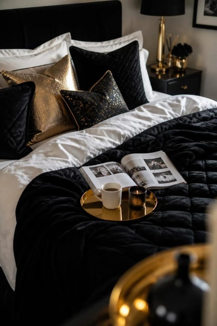 4. Layer Black, White, and Gold Bedding
