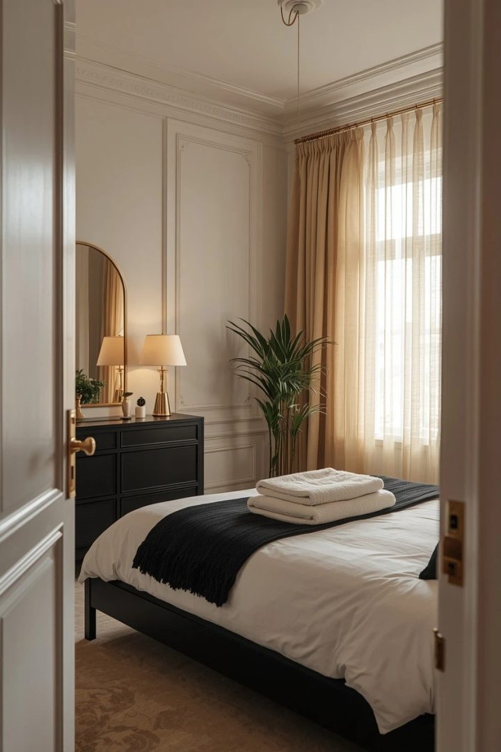 10. Use White Walls with Black Furniture and Gold Decor