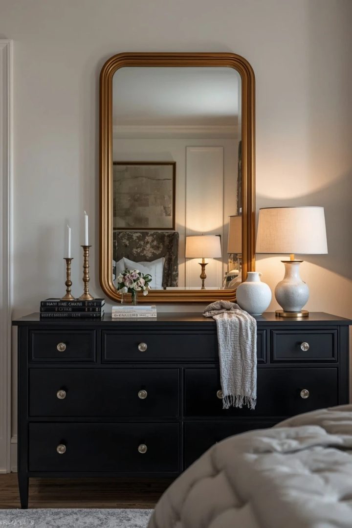 7. Add a Gold Mirror Above a Black Dresser