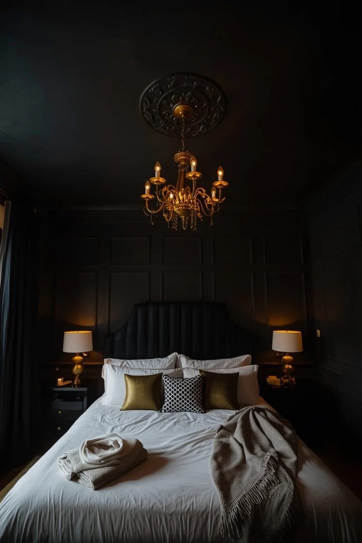 13. Create a Moody Black Ceiling with Gold Lighting